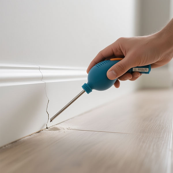 Bed bug interceptor positioned under a bed leg on a hardwood floor.